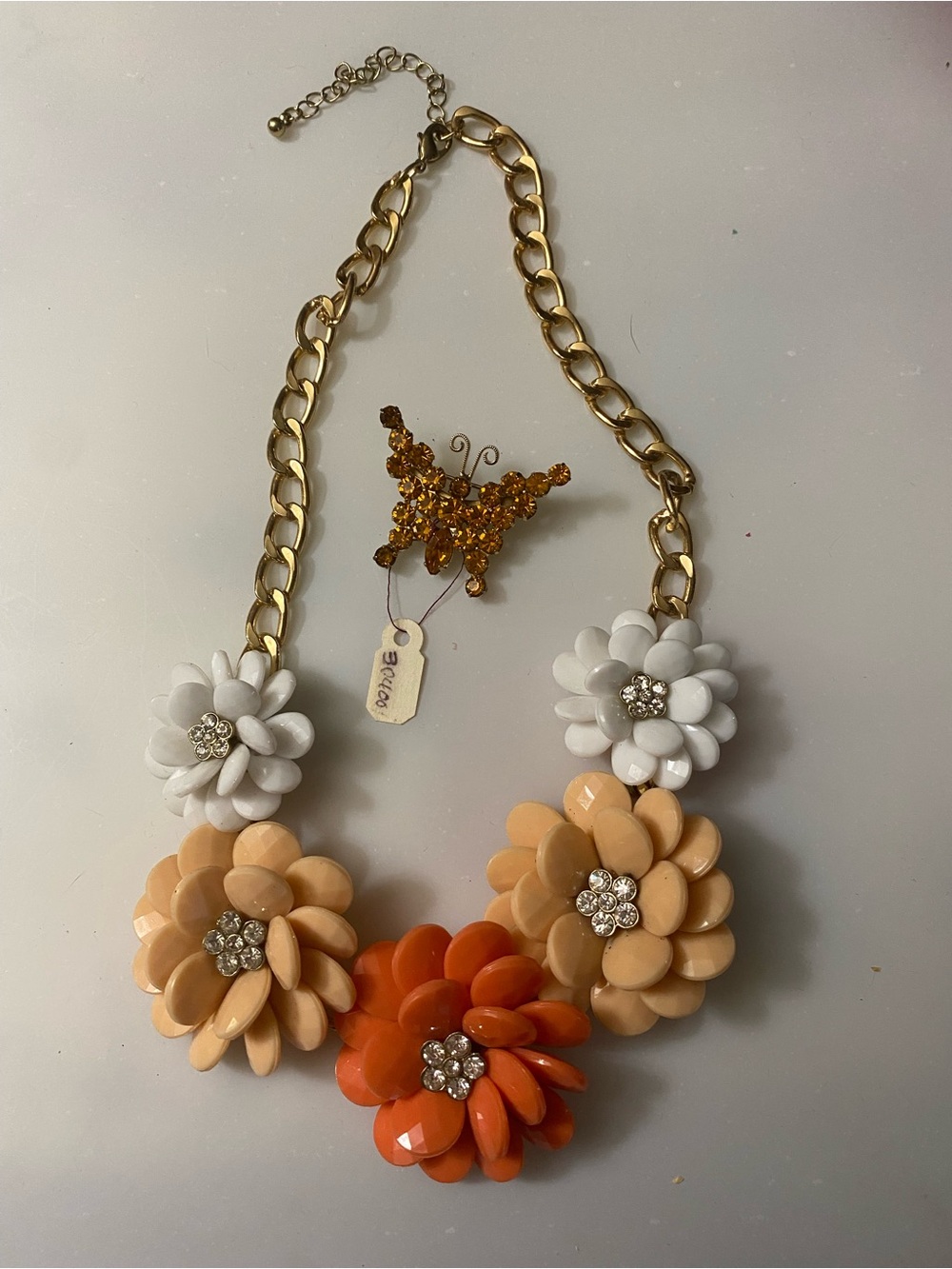 Statement Floral Bib Necklace in Orange, Peach & White - with Butterfly Brooch